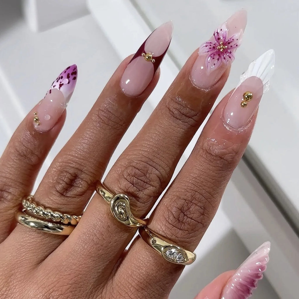 24PCS Pink Almond Press on Nails Full Cover Carved Flower 3D Ripples French Fake Nails for Women with Golden Pearl Wearable Nail