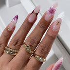 24PCS Pink Almond Press on Nails Full Cover Carved Flower 3D Ripples French Fake Nails for Women with Golden Pearl Wearable Nail