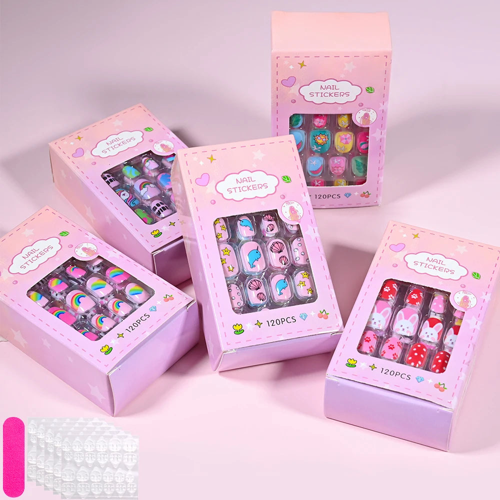 RUVIAA BEAUTY 120Pcs Kids Cartoon Press-On Nails – Kawaii Acrylic Full Cover Short False Nails with Jelly Glue