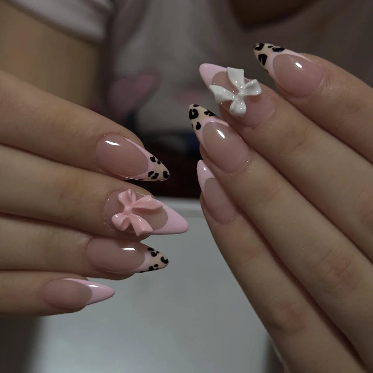 RUVIAA BEAUTY 24Pcs Pink French Press-On Nails – 3D Bowknot Short Square False Nails