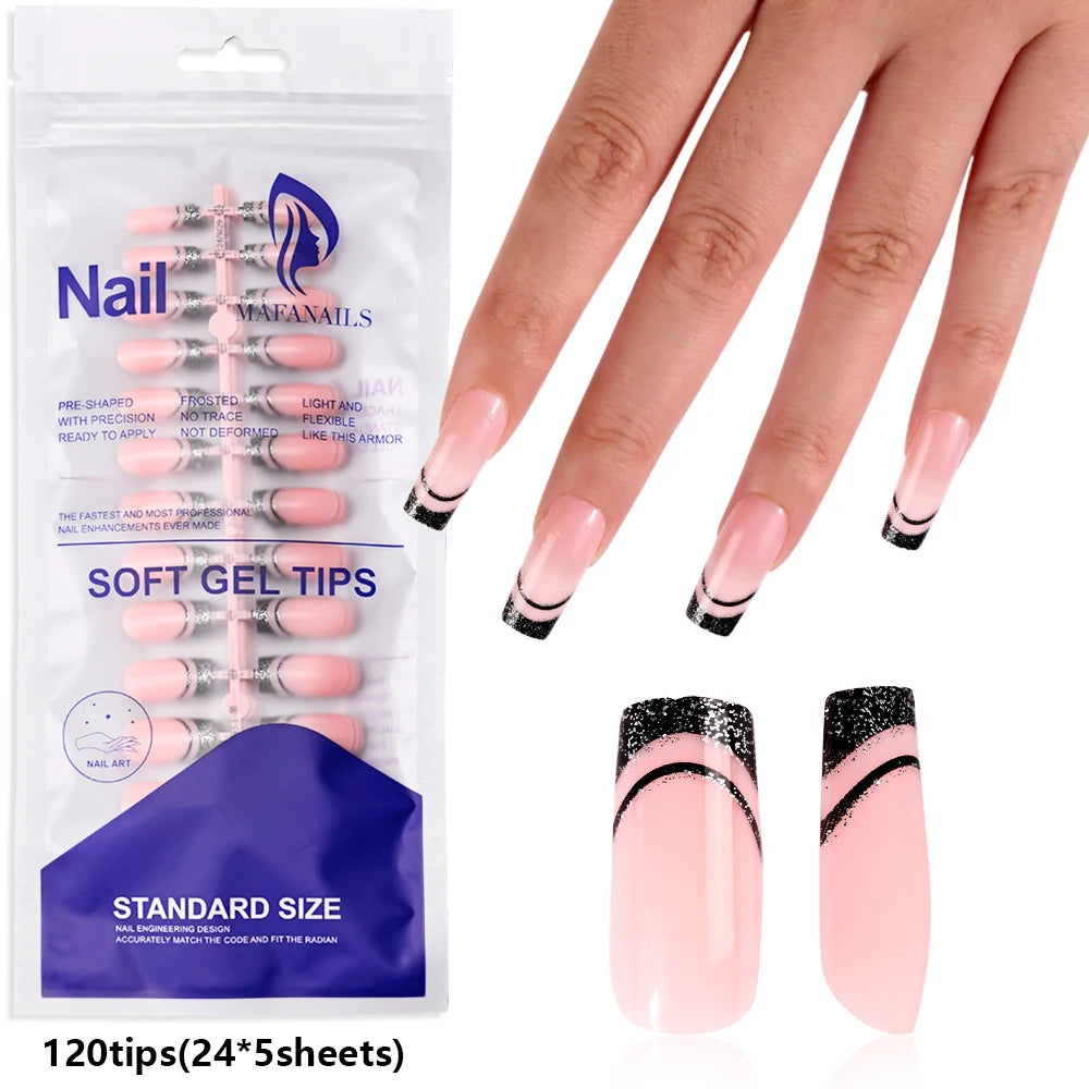 RUVIAA BEAUTY 120PCS Medium Long Square Acrylic French Press-On Nails – Full Cover Fake Nails for Women, Mixed Sizes
