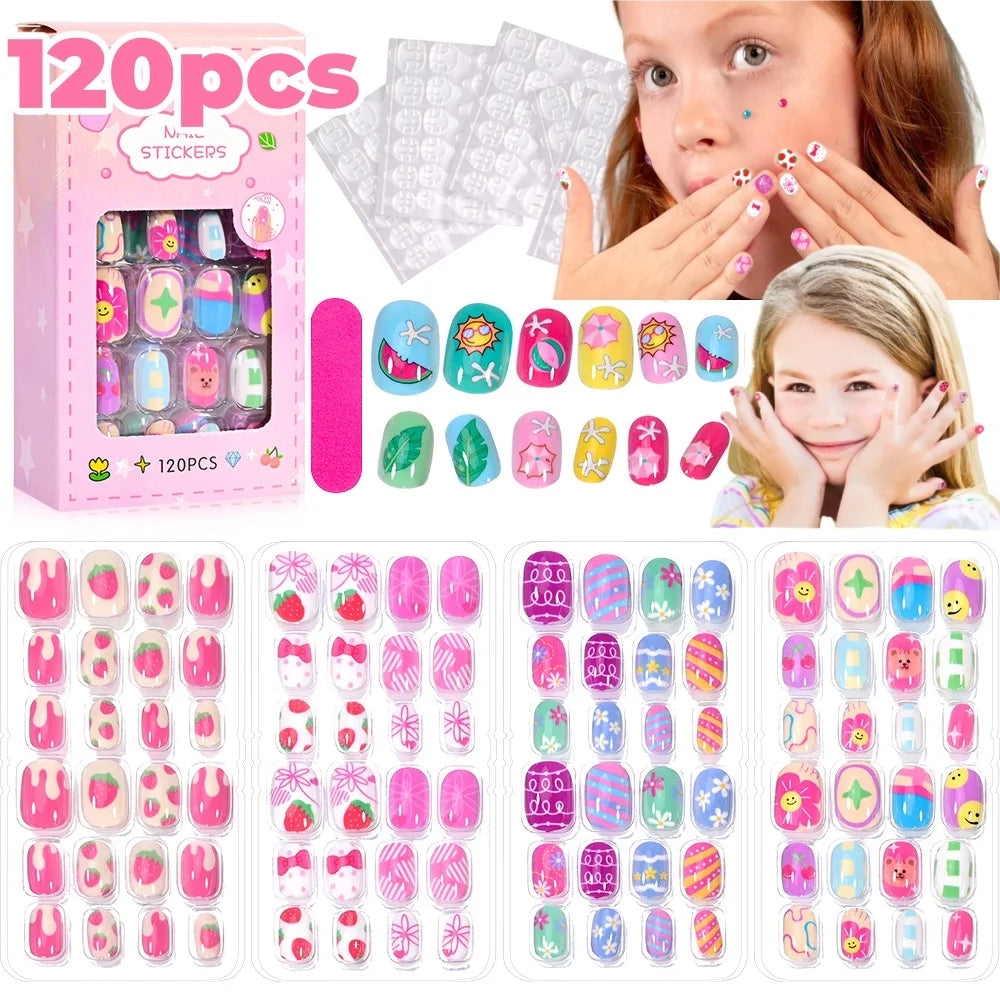 RUVIAA BEAUTY 120Pcs Kids Cartoon Press-On Nails – Kawaii Acrylic Full Cover Short False Nails with Jelly Glue