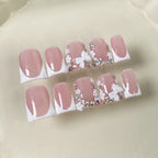 RUVIAA BEAUTY 10pcs Pink Duckbill Press-On Nails – Handmade White French with Rhinestones
