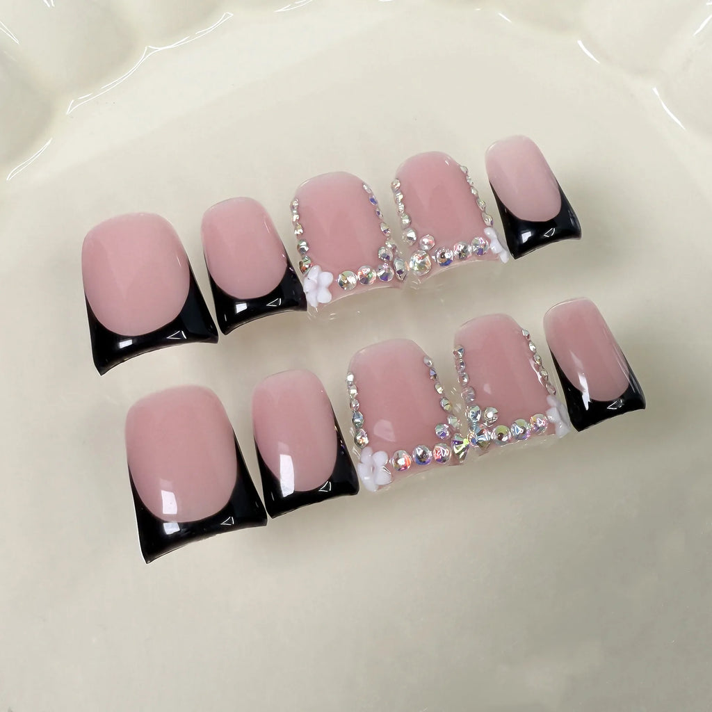 RUVIAA BEAUTY 10pcs Pink Duckbill Press-On Nails – Handmade White French with Rhinestones