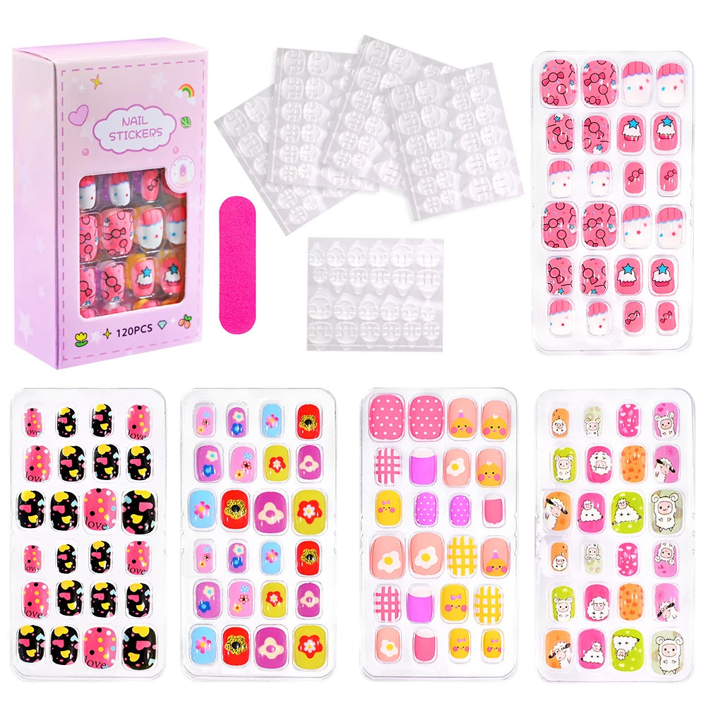 RUVIAA BEAUTY 120Pcs Kids Cartoon Press-On Nails – Kawaii Acrylic Full Cover Short False Nails with Jelly Glue