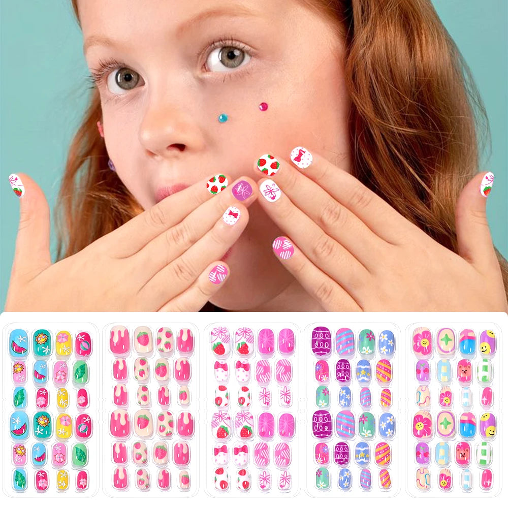 RUVIAA BEAUTY 120Pcs Kids Cartoon Press-On Nails – Kawaii Acrylic Full Cover Short False Nails with Jelly Glue