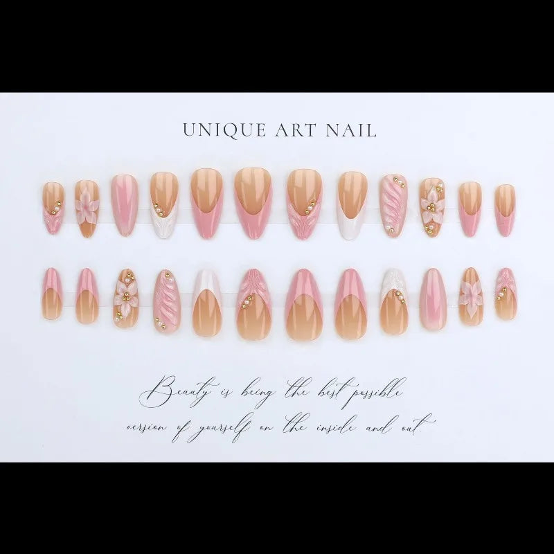24PCS Pink Almond Press on Nails Full Cover Carved Flower 3D Ripples French Fake Nails for Women with Golden Pearl Wearable Nail