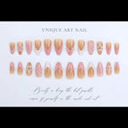 24PCS Pink Almond Press on Nails Full Cover Carved Flower 3D Ripples French Fake Nails for Women with Golden Pearl Wearable Nail