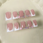 RUVIAA BEAUTY 10pcs Pink Duckbill Press-On Nails – Handmade White French with Rhinestones