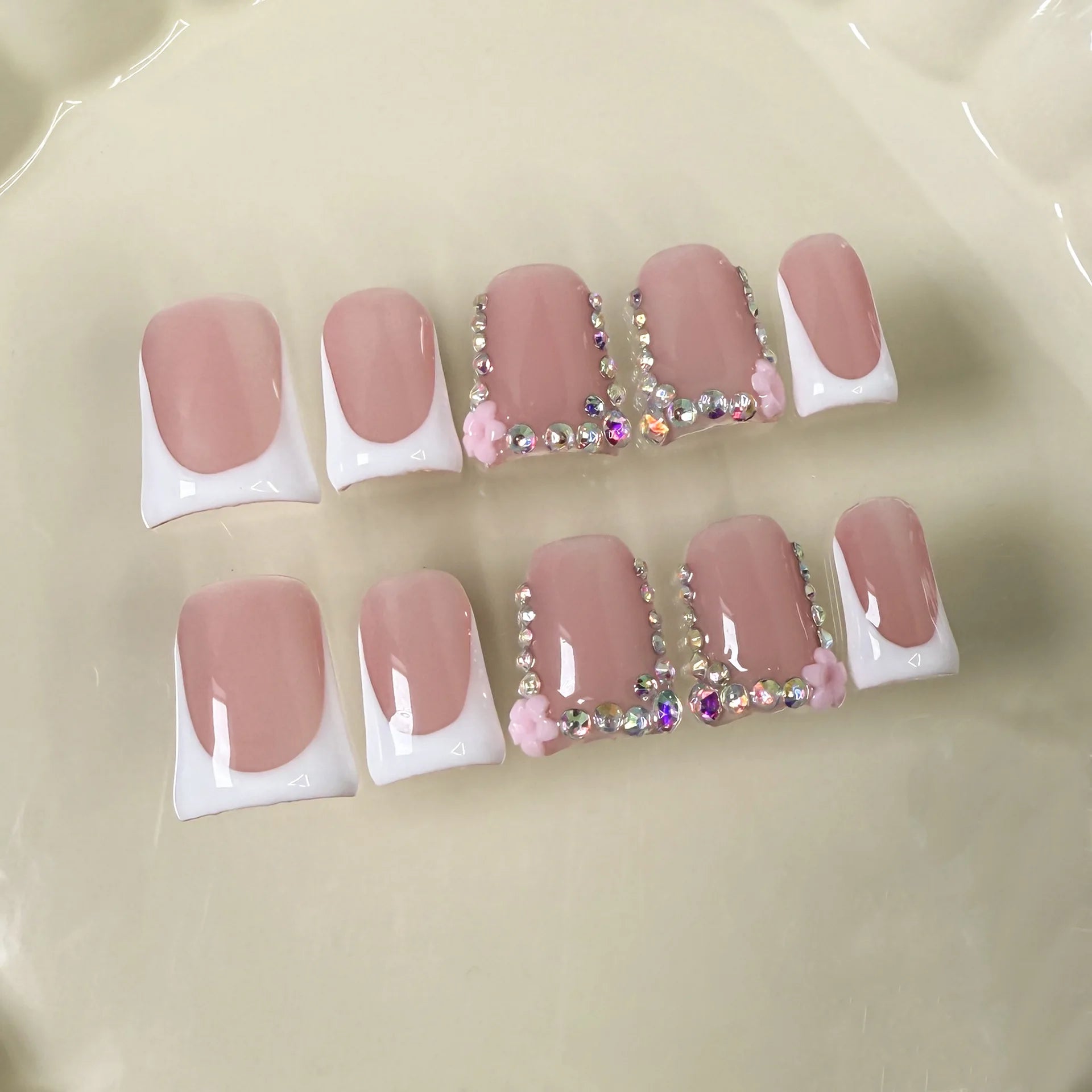 RUVIAA BEAUTY 10pcs Pink Duckbill Press-On Nails – Handmade White French with Rhinestones