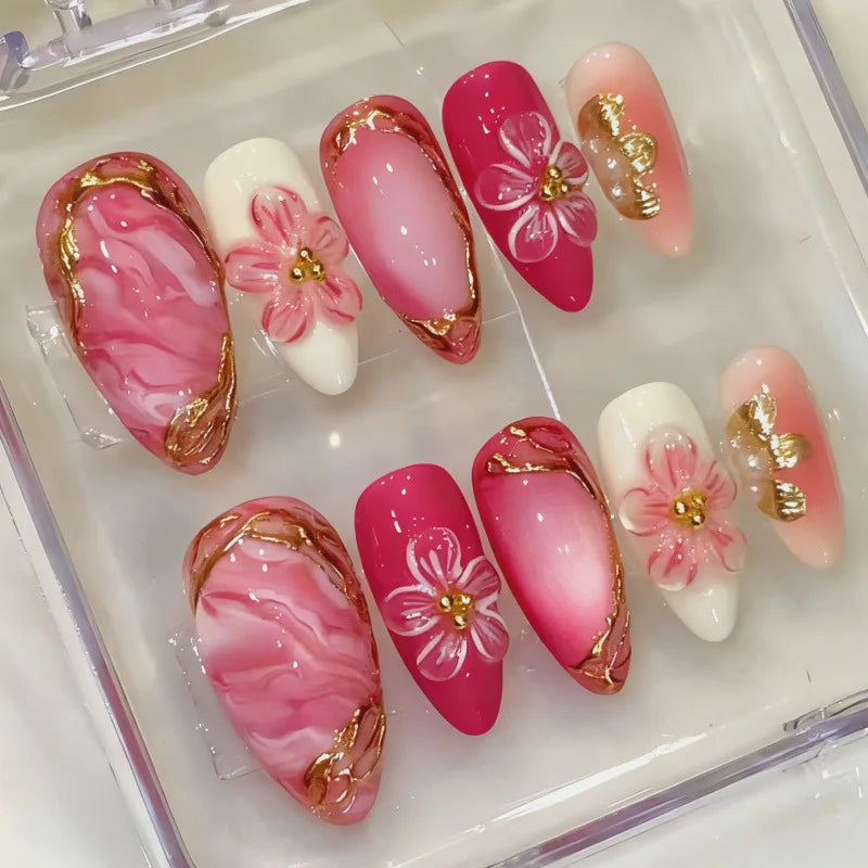 24PCS Pink Almond Press on Nails Full Cover Carved Flower 3D Ripples French Fake Nails for Women with Golden Pearl Wearable Nail