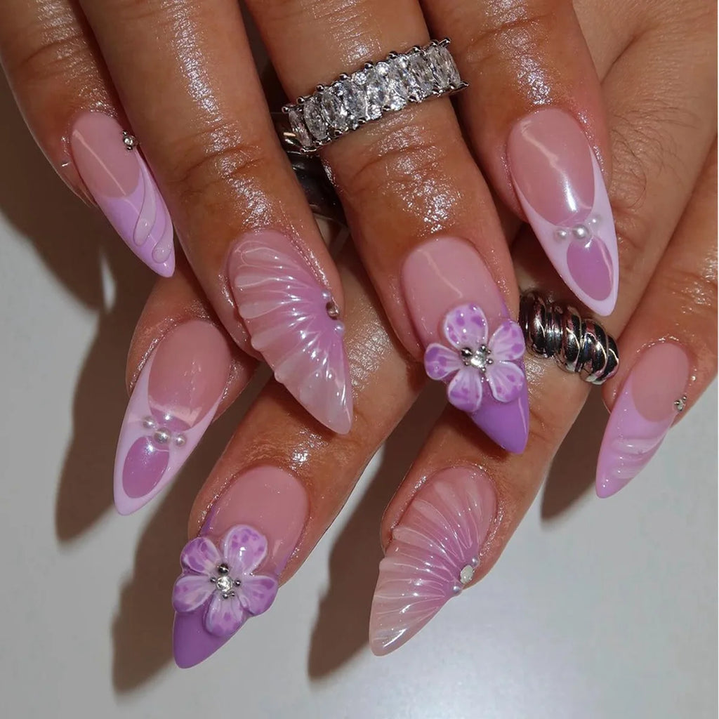 24PCS Pink Almond Press on Nails Full Cover Carved Flower 3D Ripples French Fake Nails for Women with Golden Pearl Wearable Nail