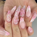 24PCS Pink Almond Press on Nails Full Cover Carved Flower 3D Ripples French Fake Nails for Women with Golden Pearl Wearable Nail