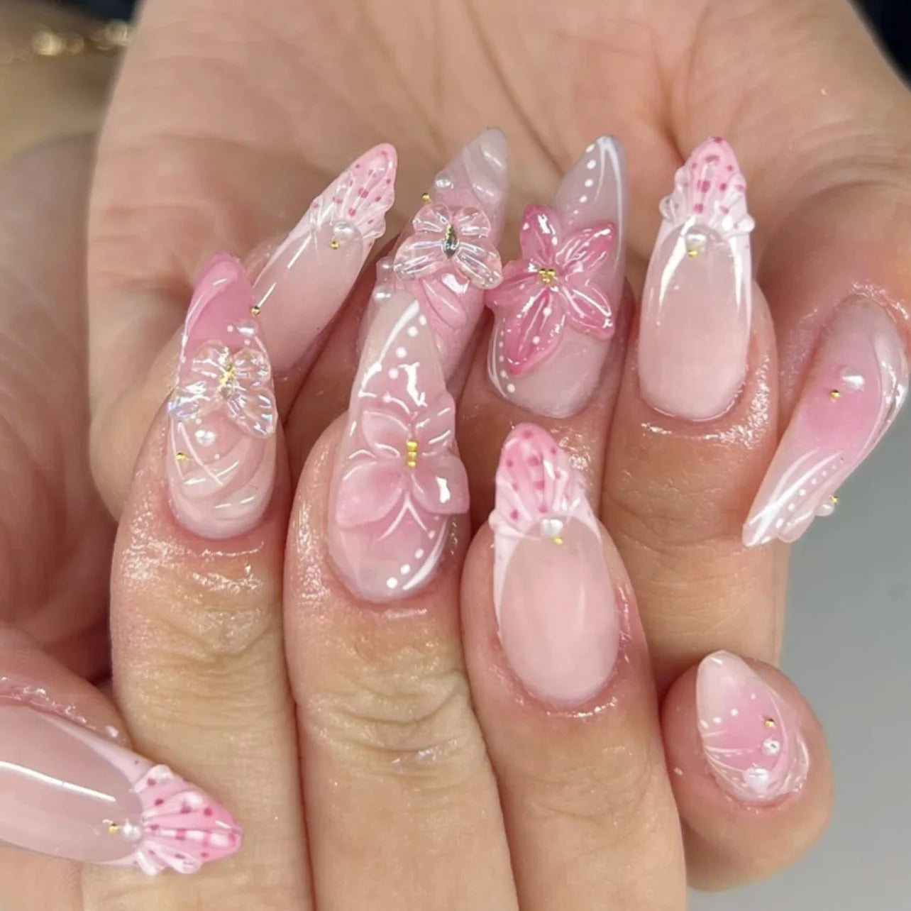 24PCS Pink Almond Press on Nails Full Cover Carved Flower 3D Ripples French Fake Nails for Women with Golden Pearl Wearable Nail