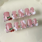 RUVIAA BEAUTY 10pcs Pink Duckbill Press-On Nails – Handmade White French with Rhinestones