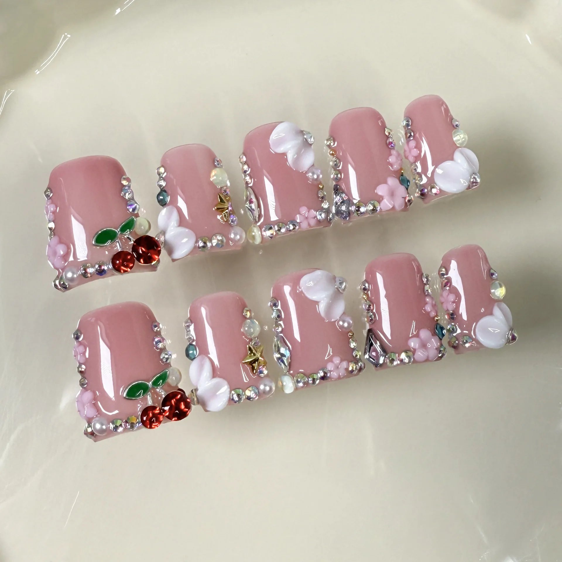 RUVIAA BEAUTY 10pcs Pink Duckbill Press-On Nails – Handmade White French with Rhinestones