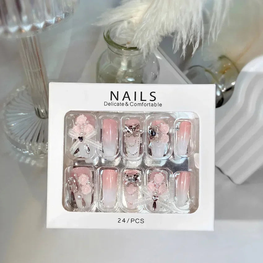 RUVIAA BEAUTY Blue Press On Nails Snowflake Rhinestone Long 24pcs