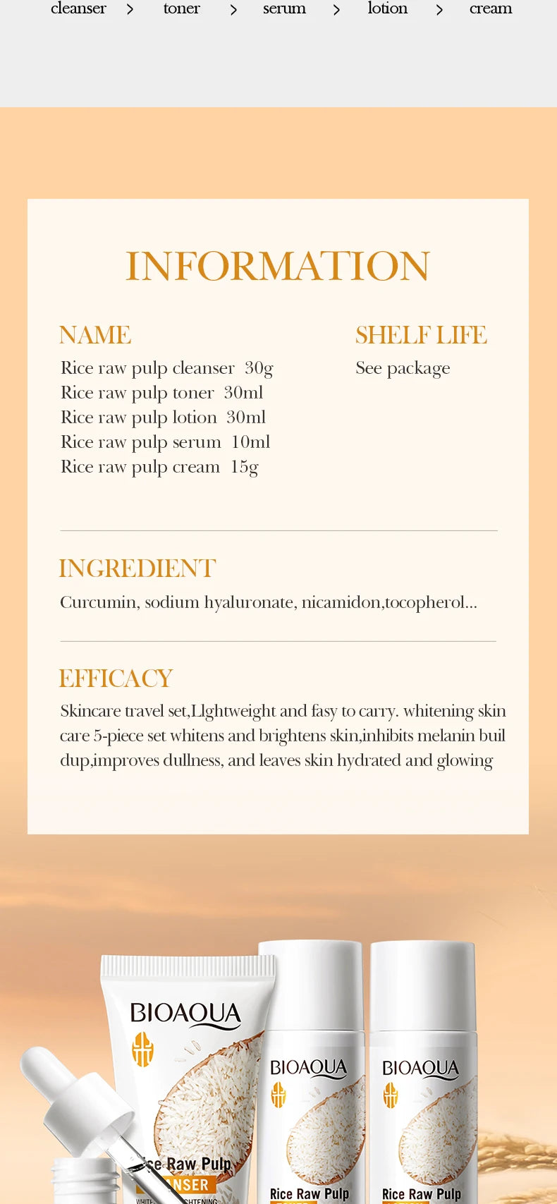 Rice Puree Skin Care Set & Soap Whitening Brighten Hydrating Moisturize  facial cleanser+toner+essence+lotion+cream skincare